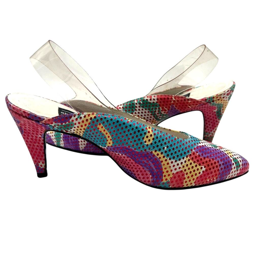 Stuart Weitzman Vintage 80s Pop Art Slingback Pumps 6.5 Colorful Retro Designer - Picture 8 of 15